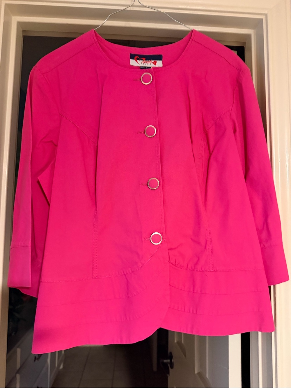 Wah Jeans Hot Pink Jacket 2X Silver Ring Buttons Collarless Blazer